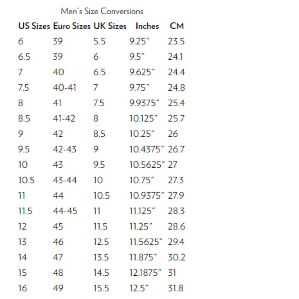Men's Shoe Conversion Chart - Sizing